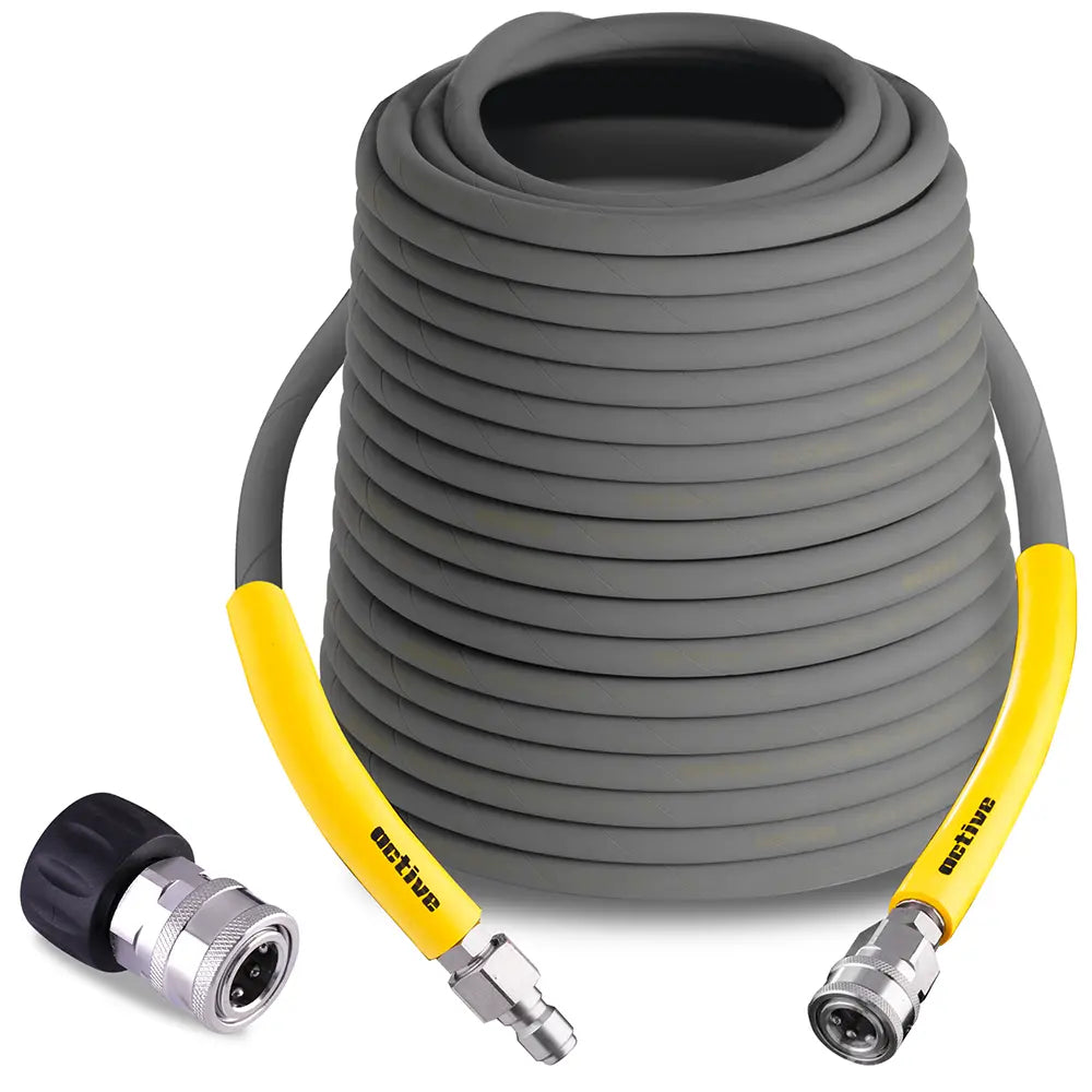 ACTIVE Premium hogedrukslang 30 meter opgerold met gele 3/8″ QC snelkoppeling – staal gevlochten rubber
